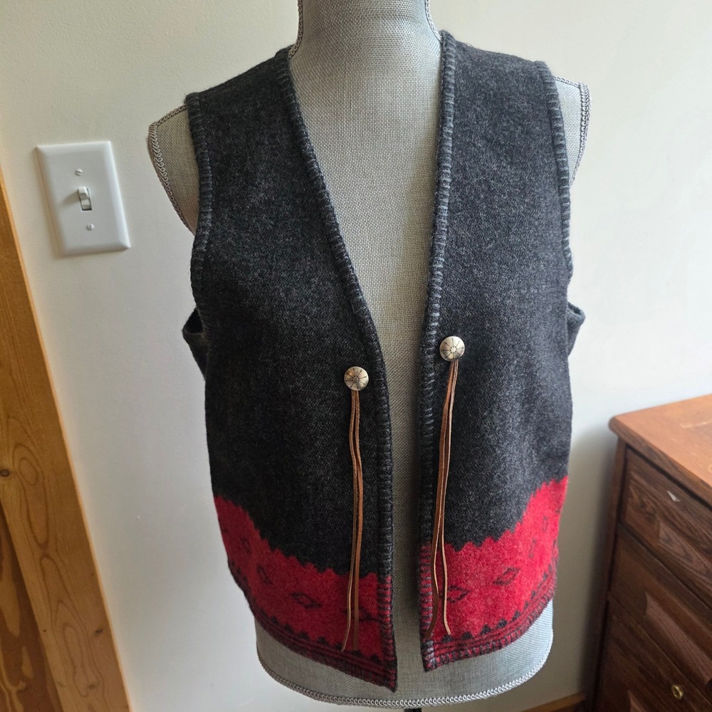 Ralph Lauren Vintage Wool Vest Southwestern Aztec Concho Fringe Grey Red Large
